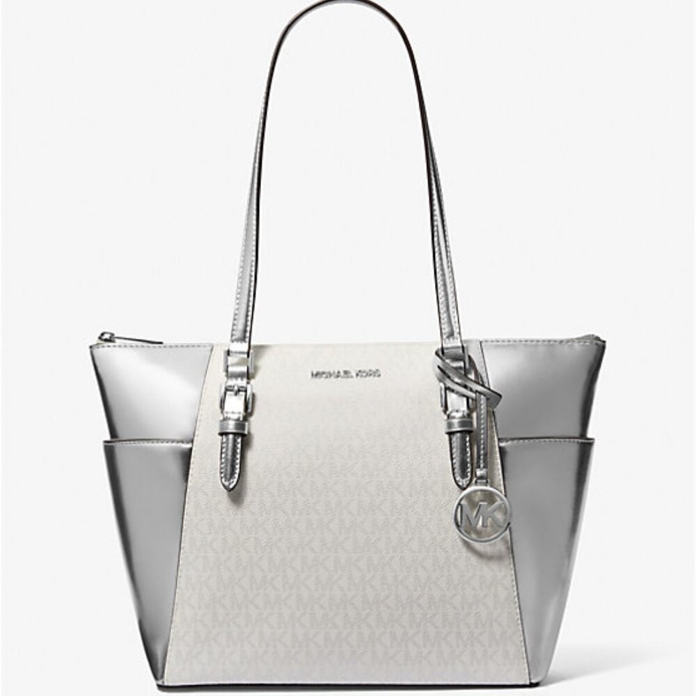 New Michael Kors Charlotte Large Signature Logo and Metallic Tote Bag Silver